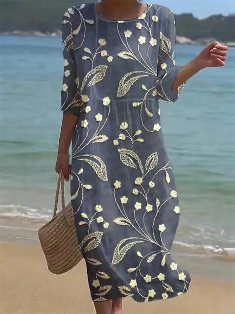 Női egyszínű, kerek nyakú, félig virágmintás pamut és lenvászon ruha