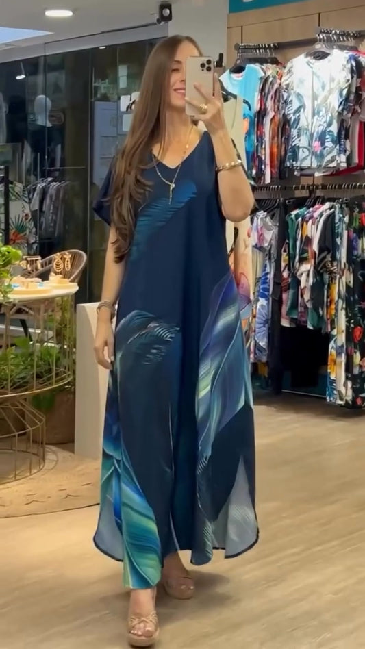 Női laza, lezser V-nyakú ruha mintával és rövid ujjakkal