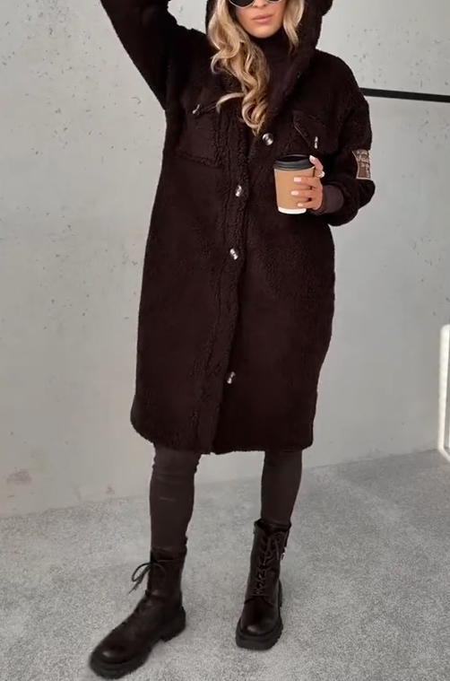 Női kapucnis, gombos, kötött, hosszú ujjú, szőrös meleg kabát