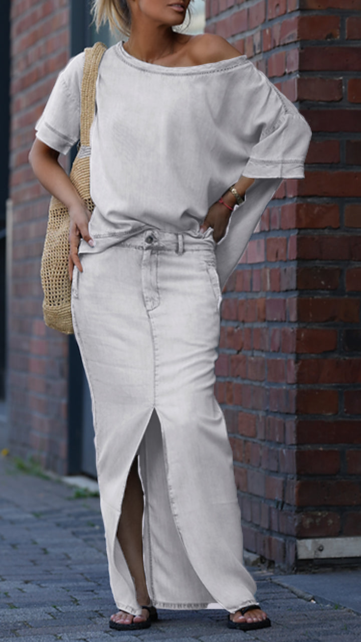 Női lezser kerek nyakú kosztüm Tencel farmerből