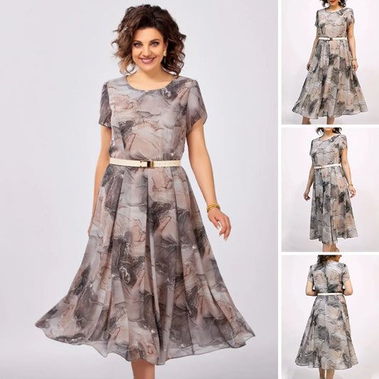 Női elegáns kerek nyakú, rövid ujjú midi ruha