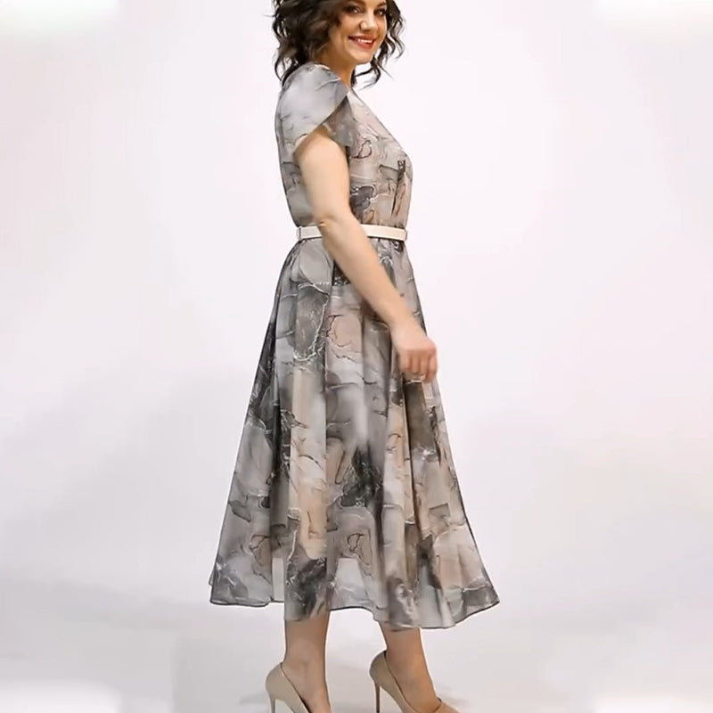 Női elegáns kerek nyakú, rövid ujjú midi ruha