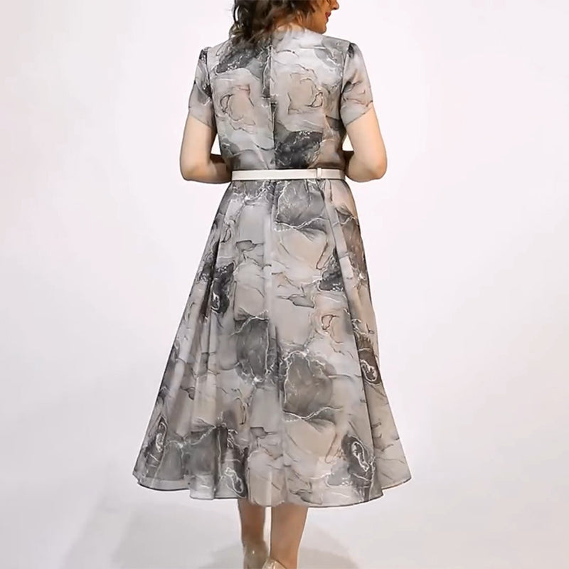 Női elegáns kerek nyakú, rövid ujjú midi ruha