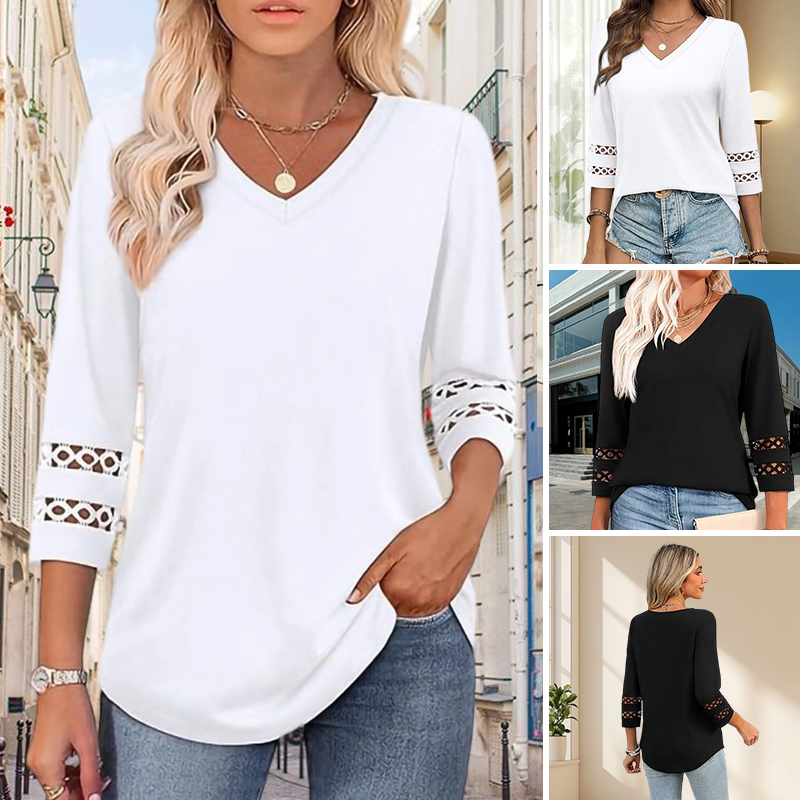 🌺[S-3XL]👚✨ Klasszikus Egyszínű V-nyakú Felső 3/4-es Ujjakkal