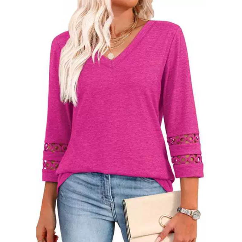 🌺[S-3XL]👚✨ Klasszikus Egyszínű V-nyakú Felső 3/4-es Ujjakkal