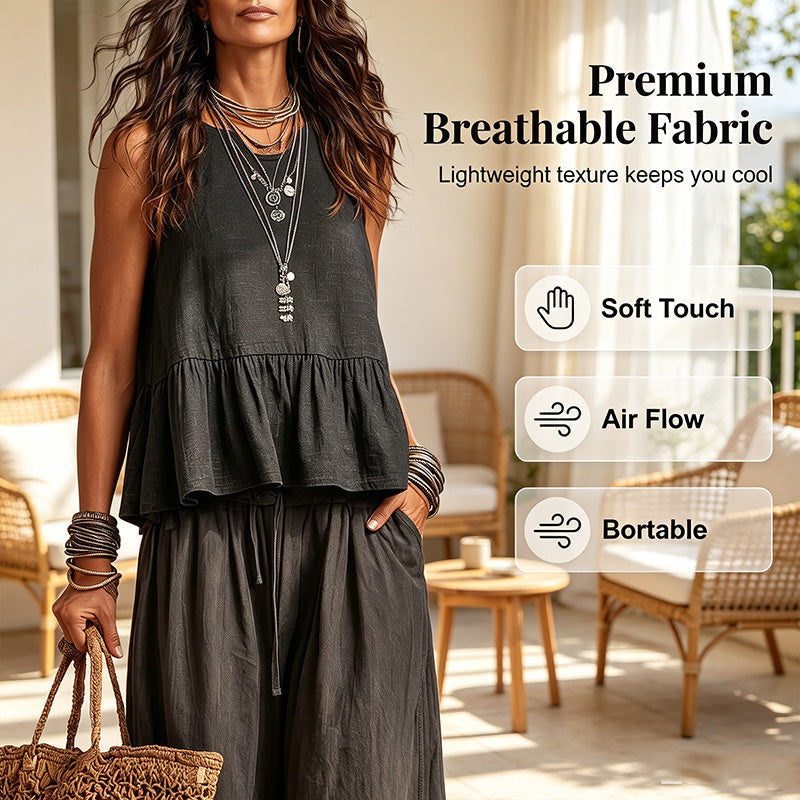 Női nyári szett – ujjatlan fodros felső és bő szárú nadrág | 6 szín | S–2XL